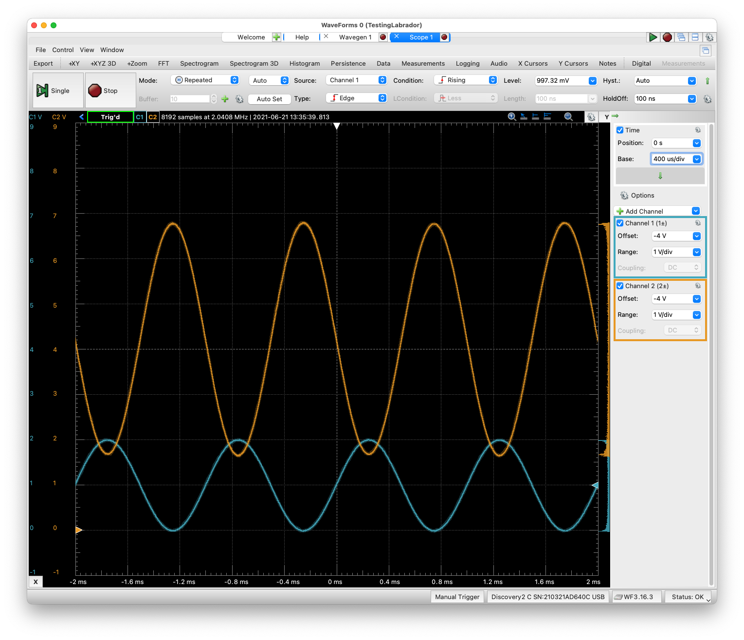 LM358-based inverting amplifier Time Domain Response measured using the Waveforms/AD2 (1.9V bias)