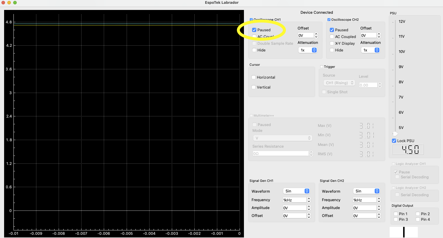 Check and uncheck Oscilloscope CH1 Pause