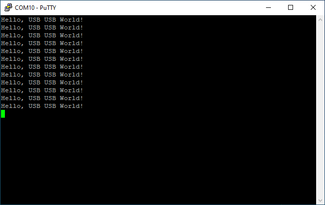 Putty window with the text from hello_usb