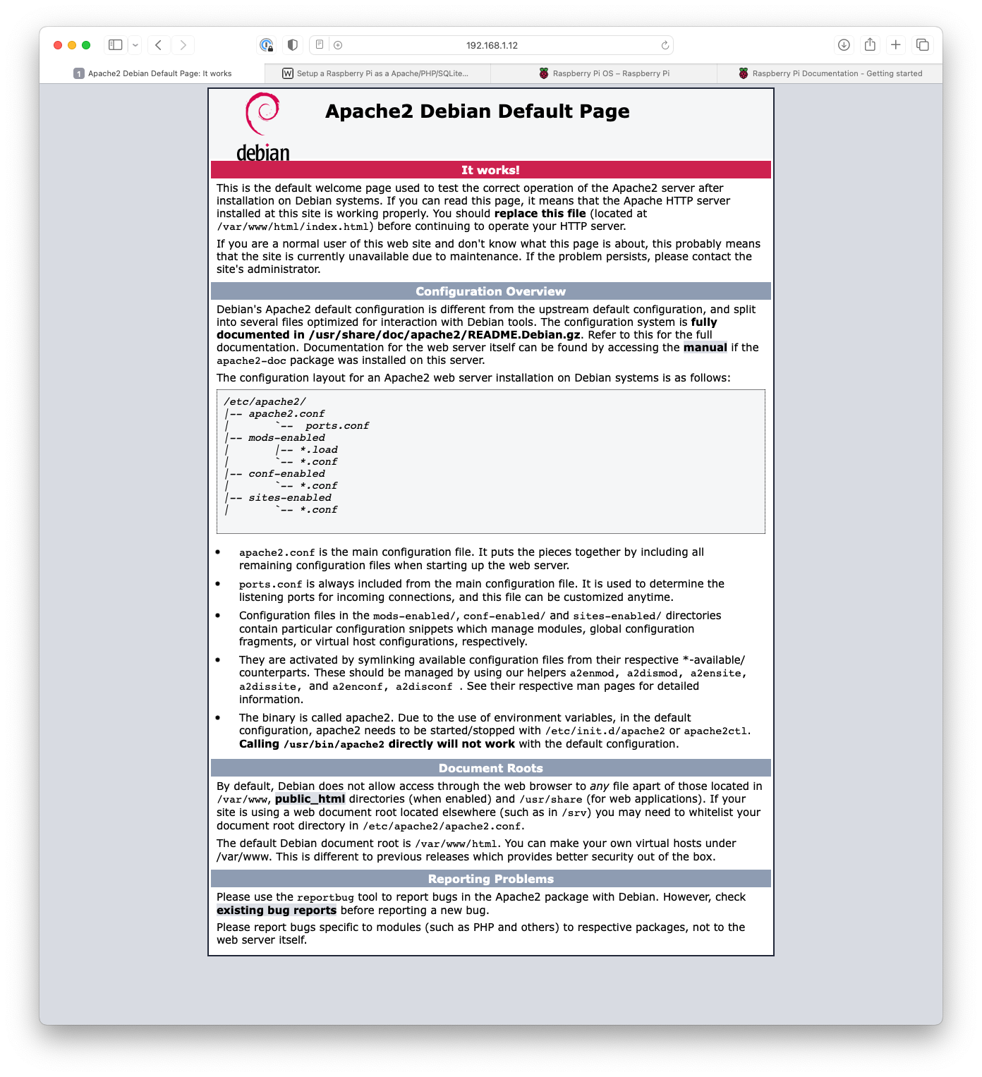 A successful Apache install will show this page in your browser at 192.168.1.12