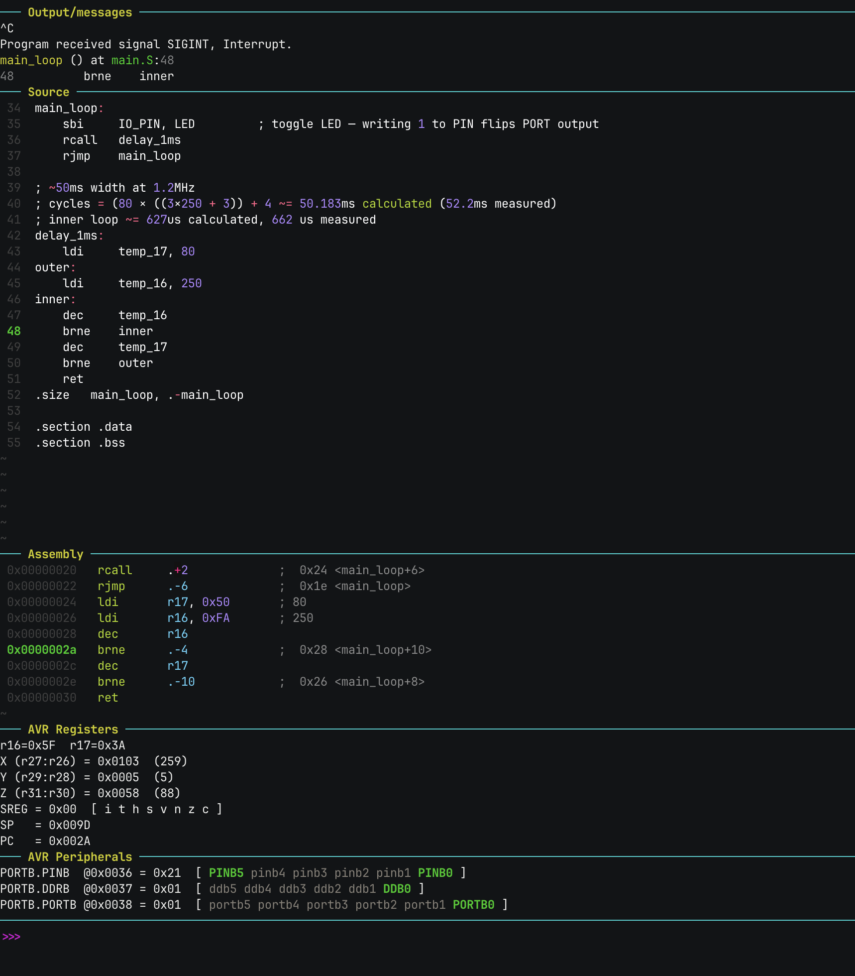 avr-gdb screen using Bloom in asm_blink after Ctrl-C to stop execution