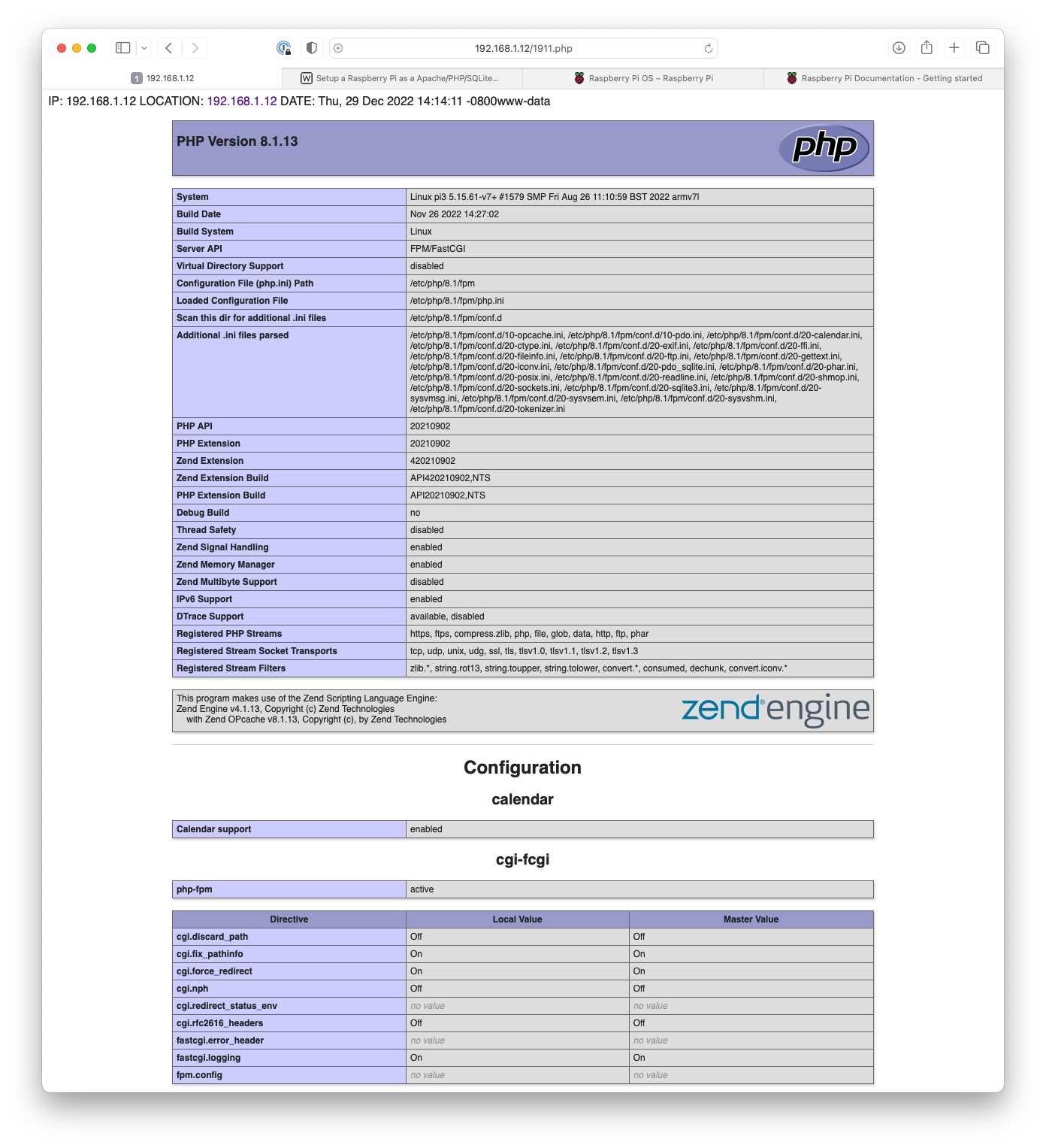 A successful PHP install will show this page in your browser at 192.168.1.12/1911.php